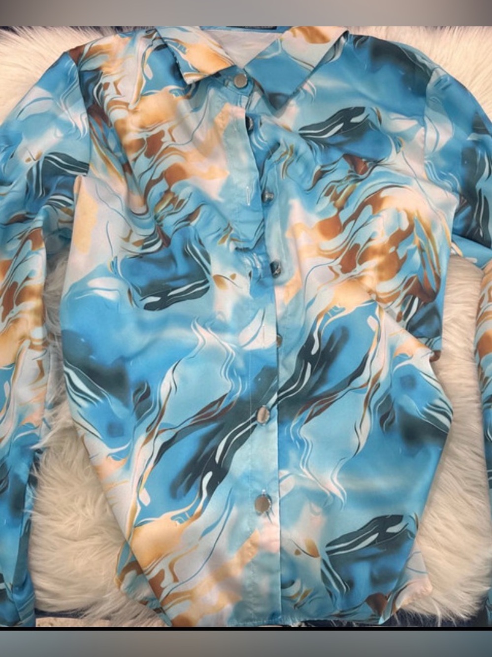 Blue Marble Satin Button-Up Blouse